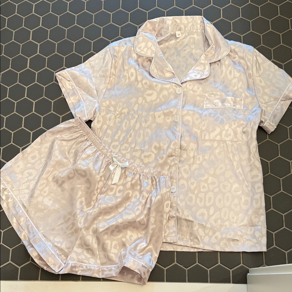 SHEIN Lilac Satin Leopard Short Pajama Set